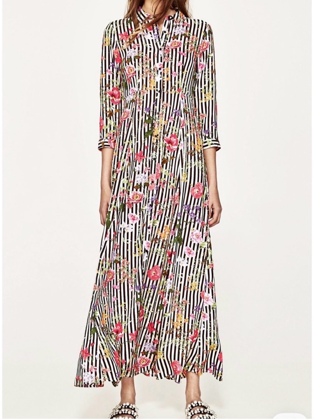 Women's Black & White Striped Floral Maxi Dress